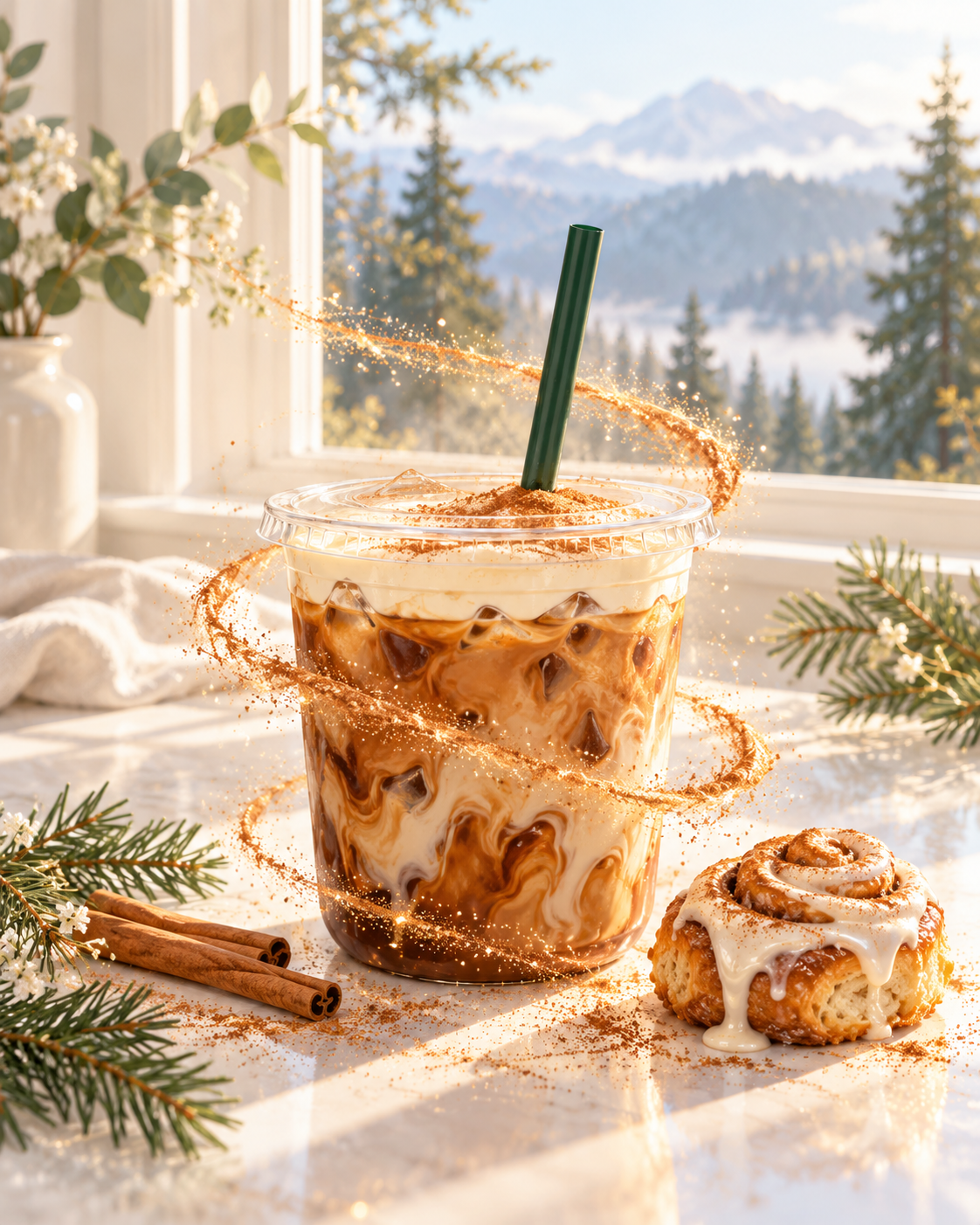 An iced cinnamon latte with a cream-cheese cloud, green straw and cinnamon sparkle beside a bright Pacific Northwest window