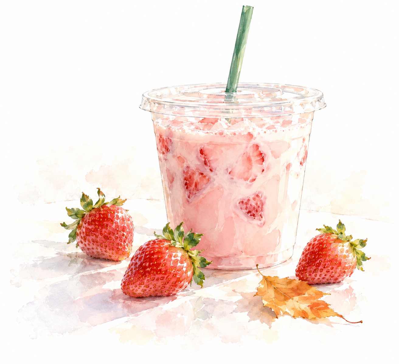 Soft watercolor sketch of a pink strawberry drink with a green straw and fresh berries.