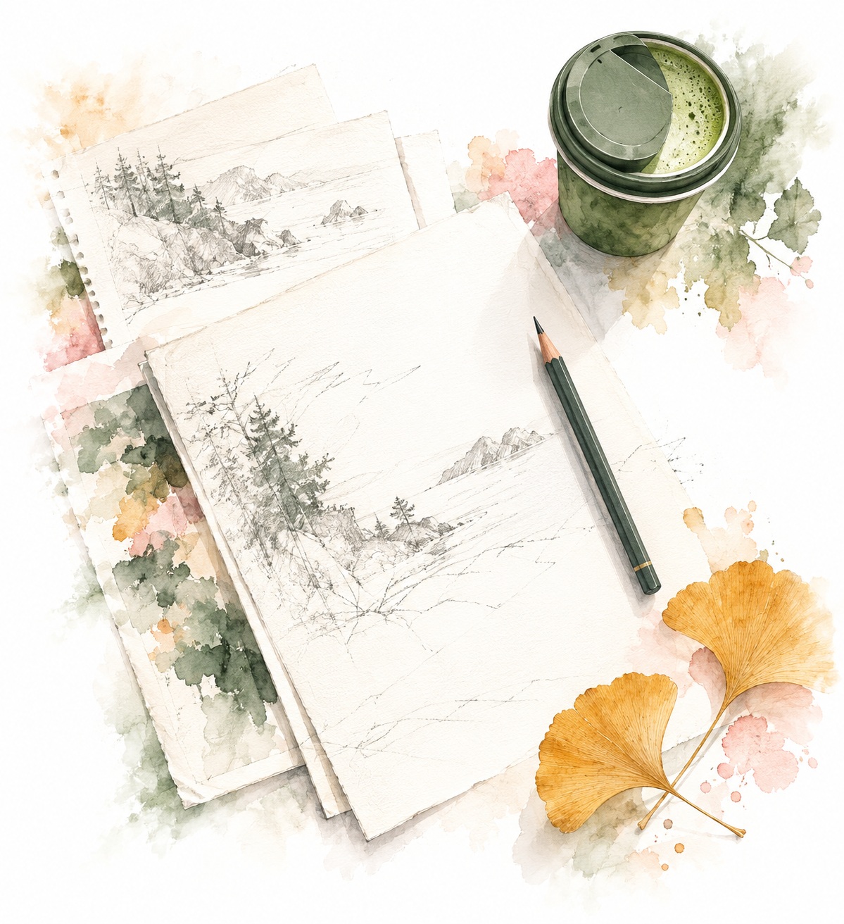 Watercolor of pencil sketches, autumn leaves and an overhead green drink.
