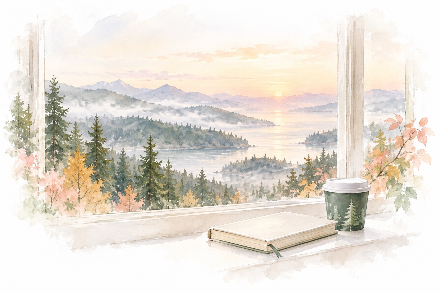 Watercolor of sunrise over mountain evergreens, with a closed notebook and green takeaway cup.