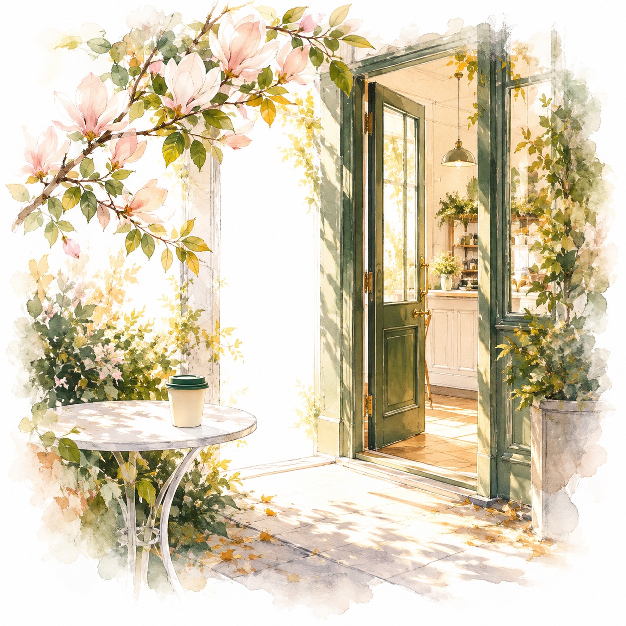 Watercolor of an open café door, flowering branches and a small sunlit coffee table.