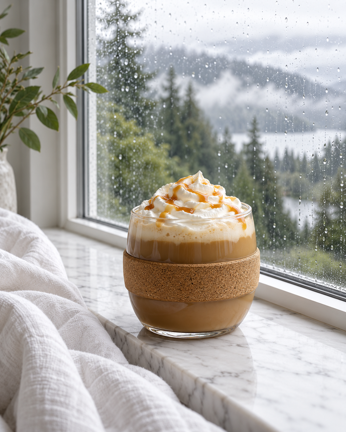 Hot caramel coffee with pale whipped cream in a rounded cork-band glass beside a rain-speckled window