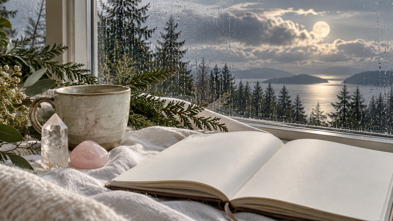 An imagined Pacific Northwest moonlit window with evergreen trees, quartz, a pale cup and an open journal