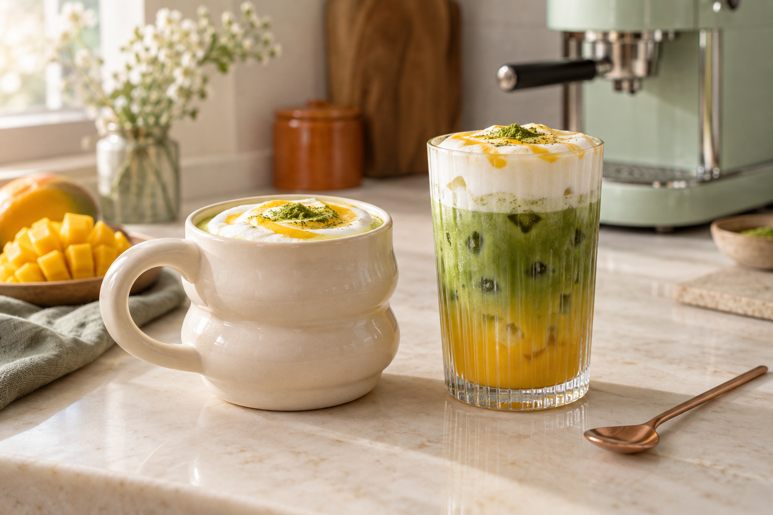 Hot mango cloud matcha in an ivory mug beside a glass of iced mango matcha, with a mint coffee machine in the background.