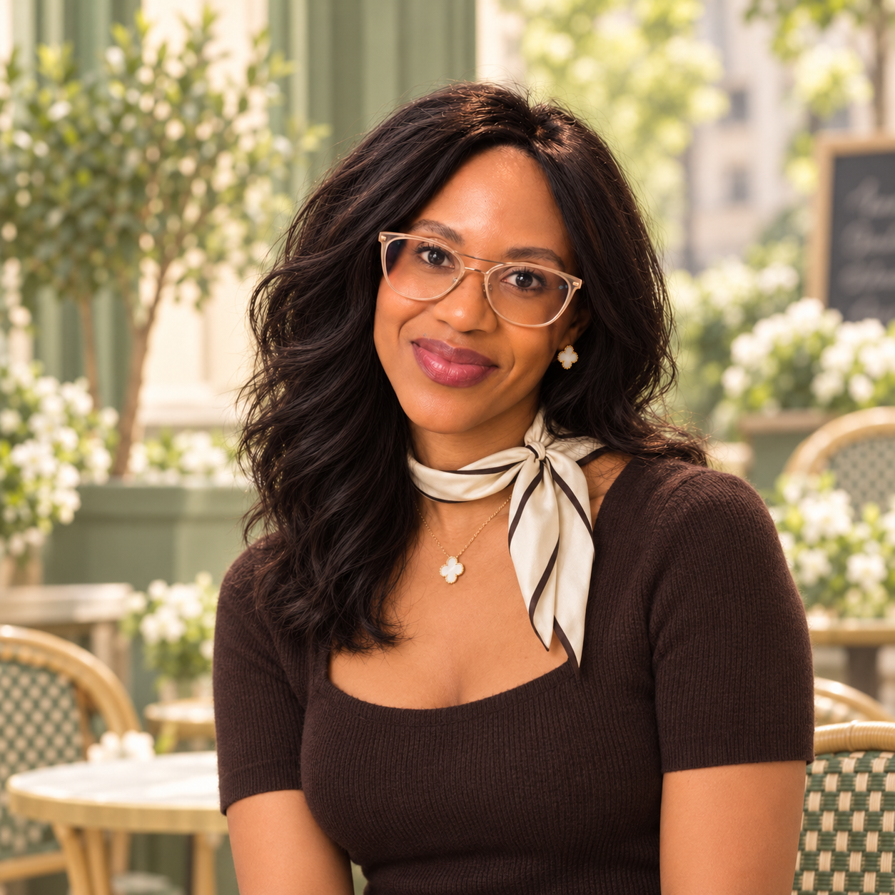 Michelle Jahnke wearing a dark vintage top, cream scarf and glasses.