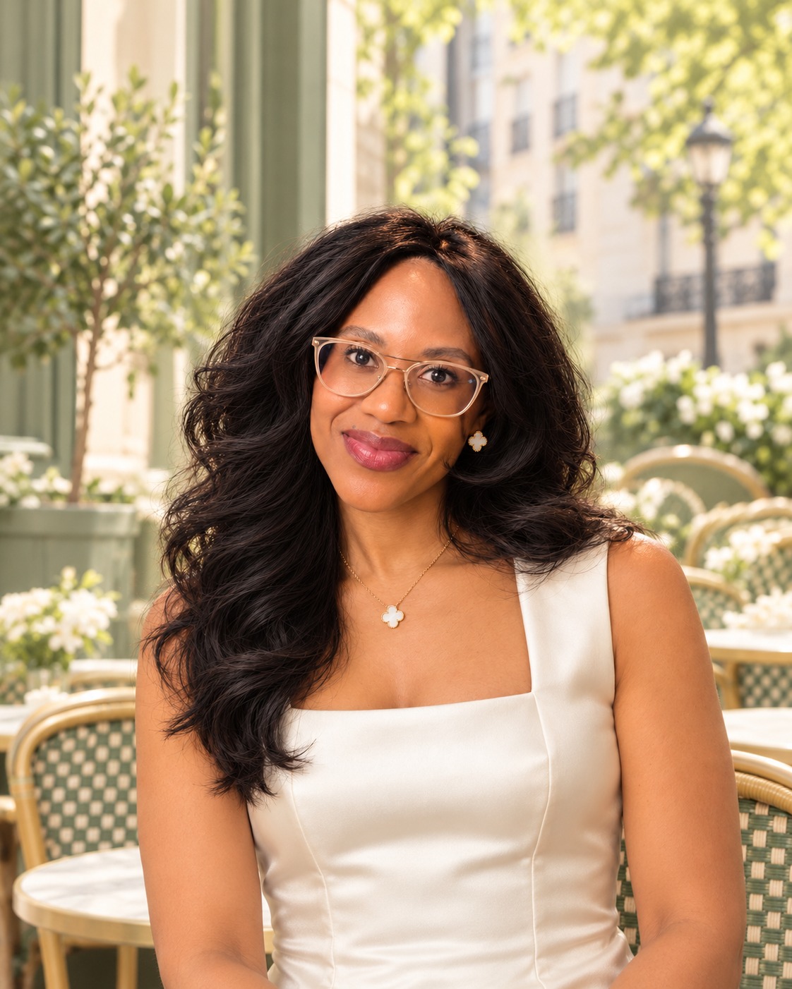 Michelle in an ivory vintage-inspired top at a green café.