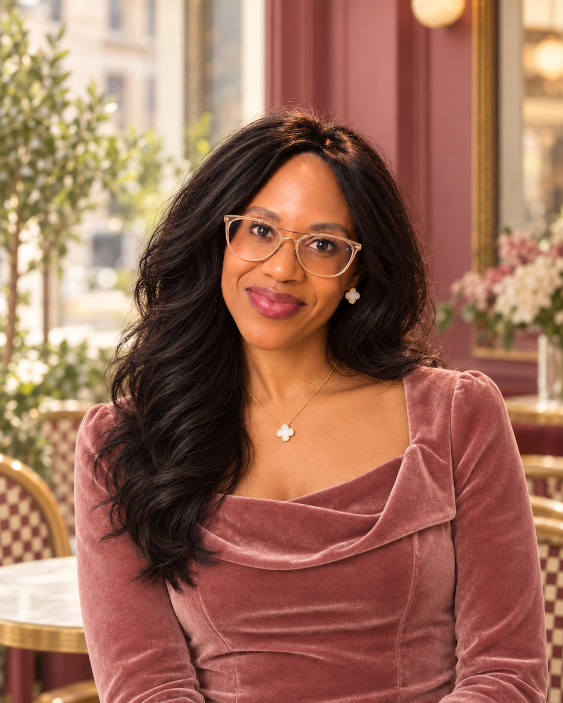 Michelle Jahnke in a dusty-rose velvet top, wearing glasses and gold jewelry.