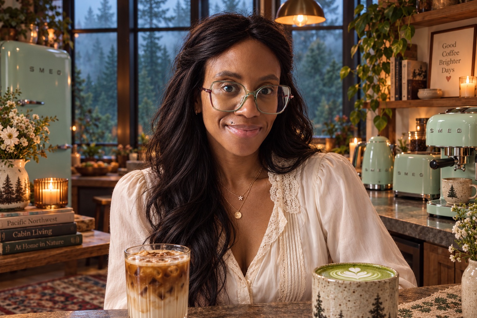 Michelle with an iced coffee and matcha in a mint-green kitchen overlooking a misty Pacific Northwest forest.