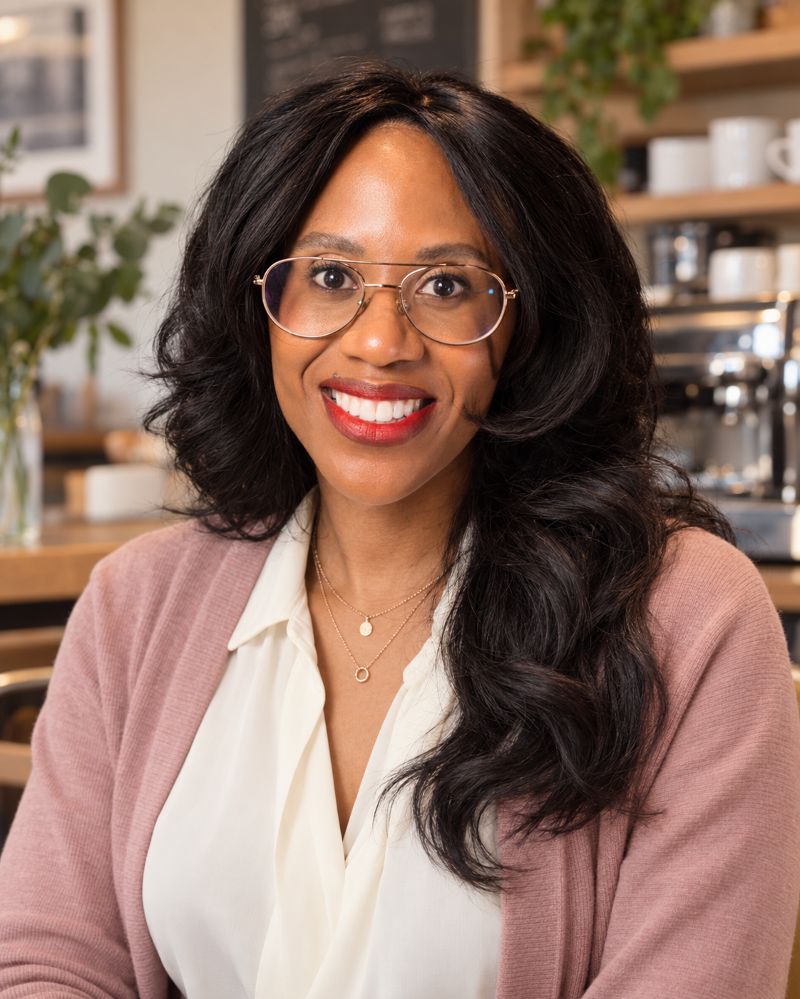 Michelle Jahnke smiling in soft café light, wearing glasses and layered rose-gold necklaces.