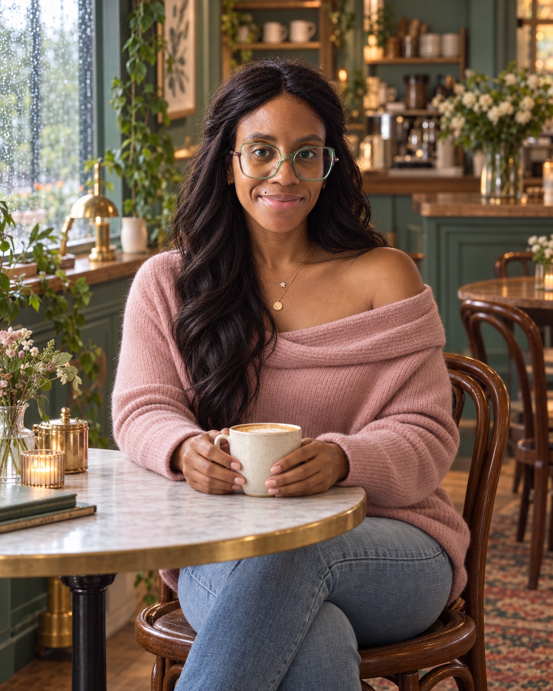 Michelle Jahnke seated with a coffee in a dusty-rose off-shoulder knit and mint glasses, with a relaxed smile.
