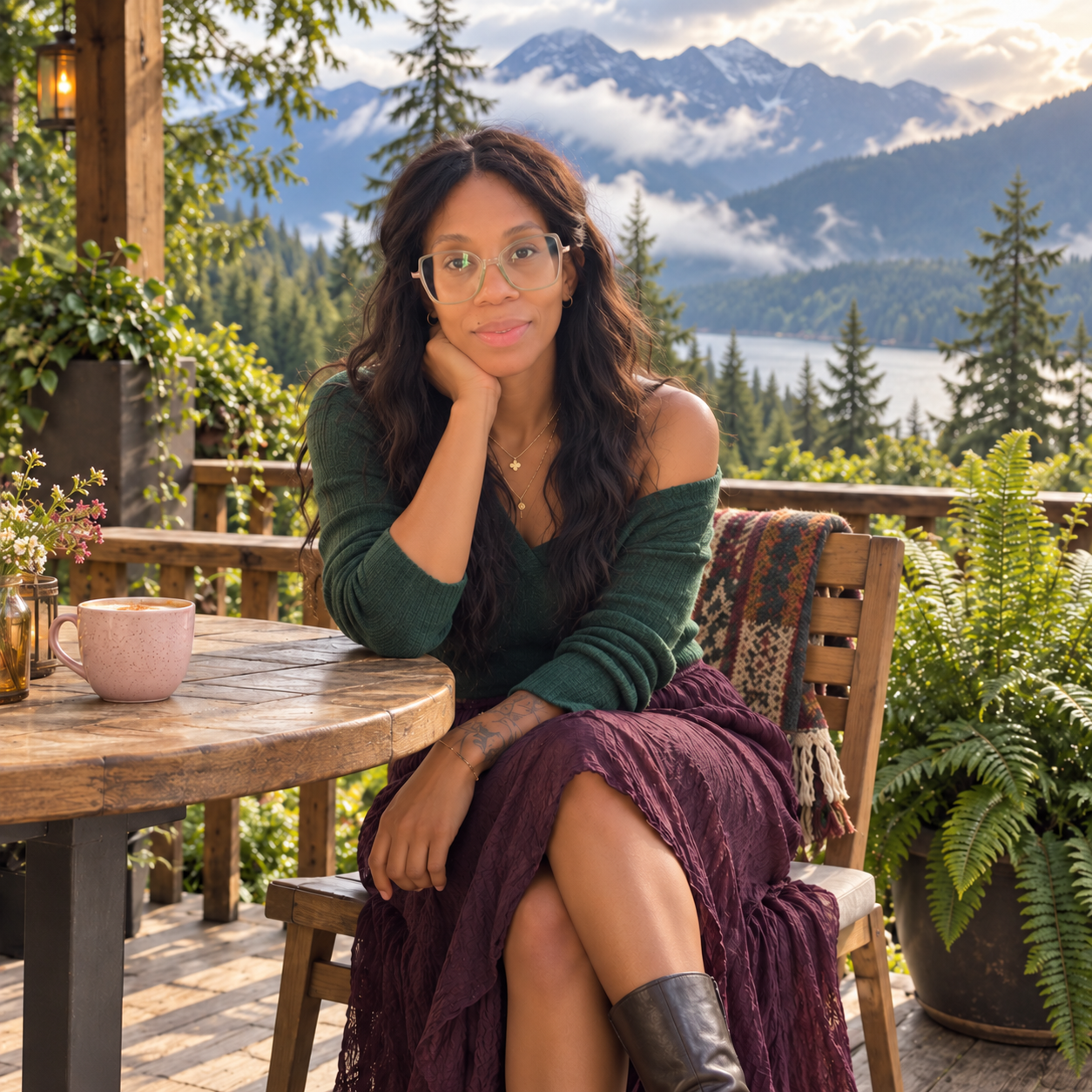 Michelle with a coffee on a Pacific Northwest terrace, wearing forest green and plum.