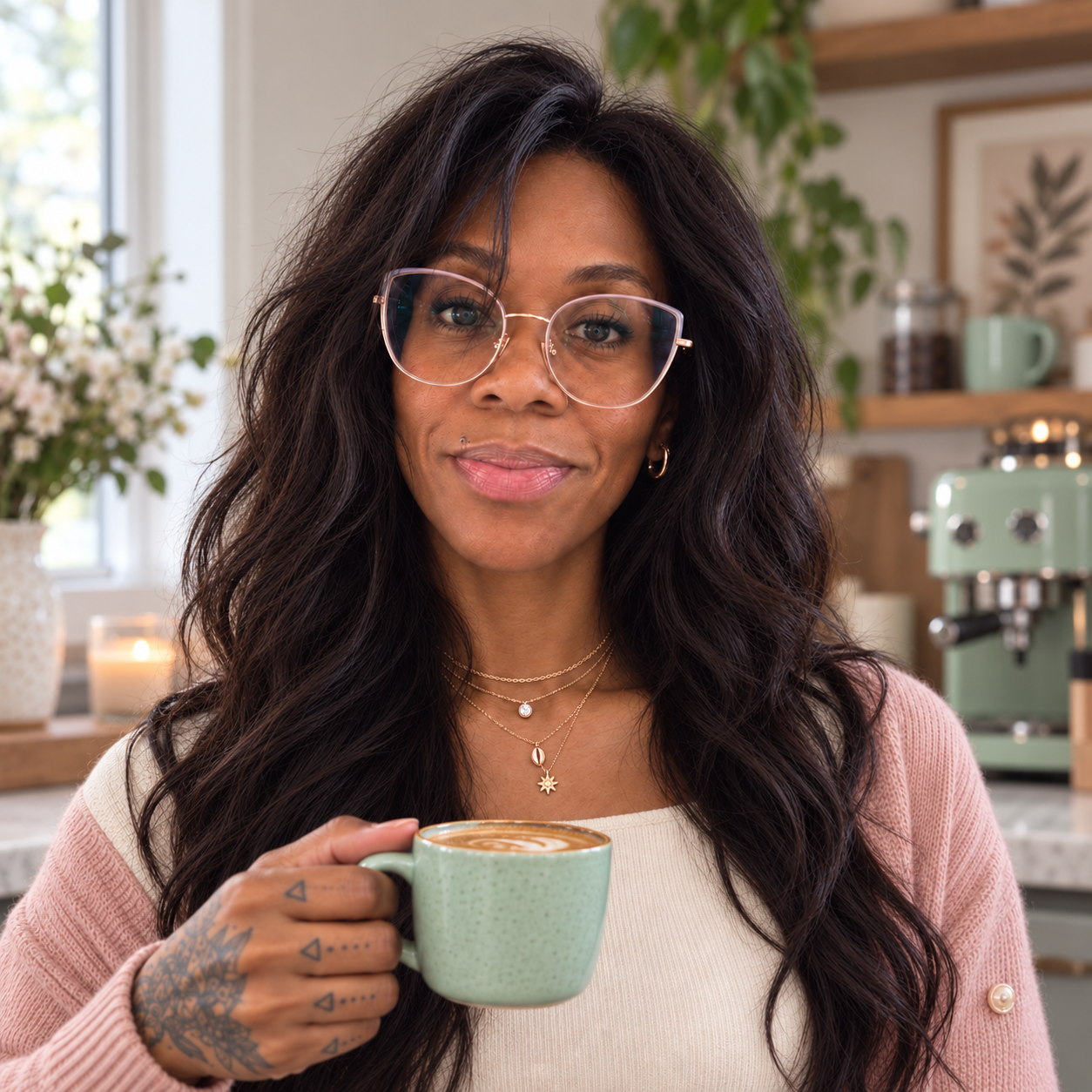 Michelle Jahnke with a mint coffee cup and layered rose-gold necklaces.