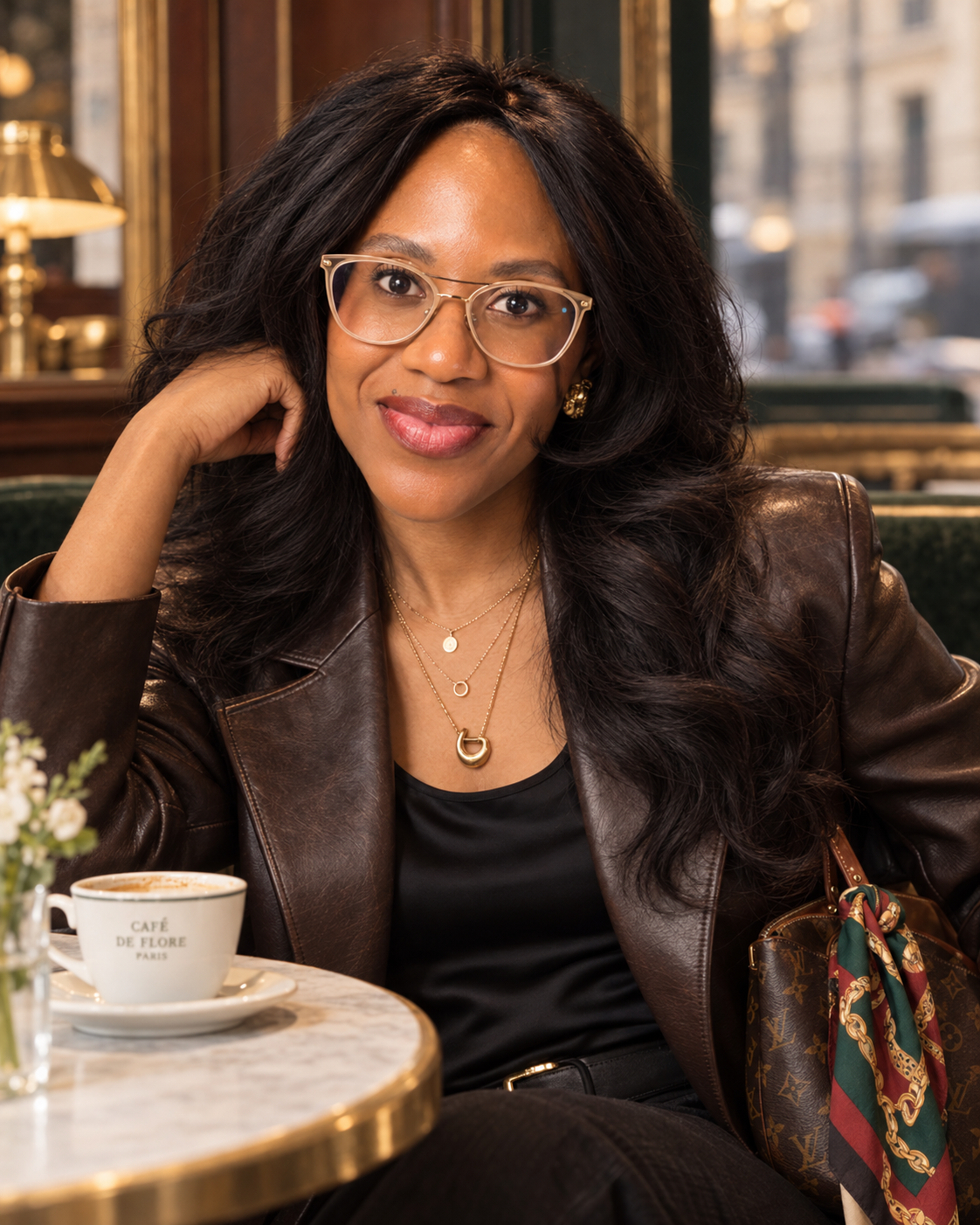 Michelle Jahnke in an espresso leather jacket, glasses and layered necklaces at a café table.