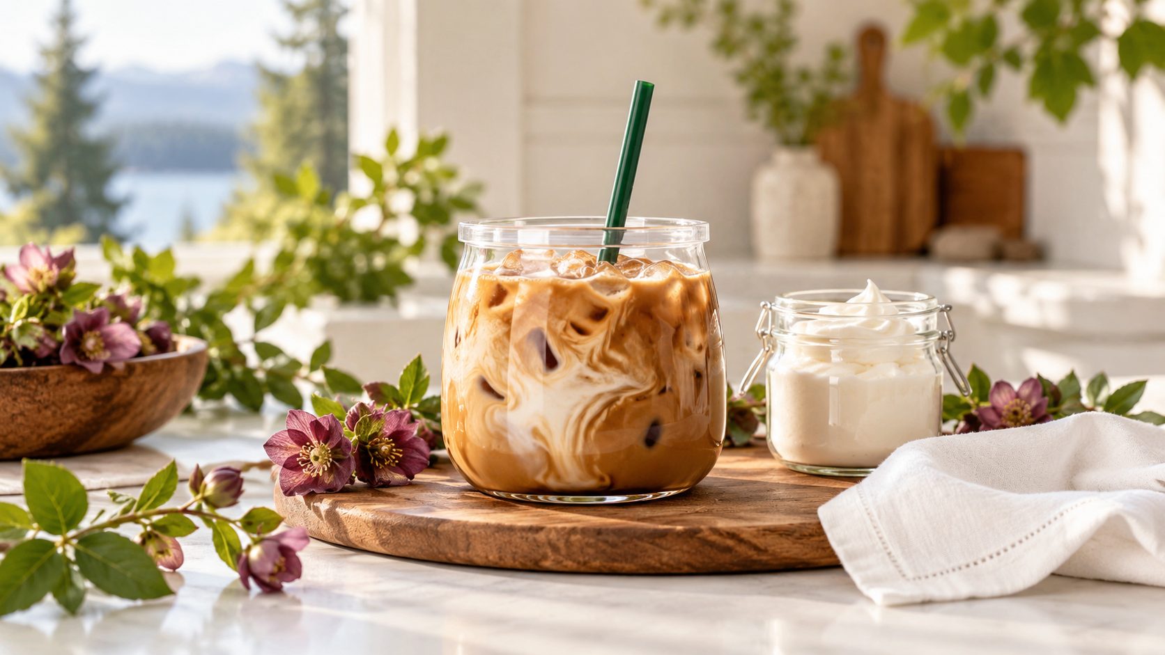 Bright Pacific Northwest kitchen scene with a round iced coffee and a soft marshmallow cloud jar